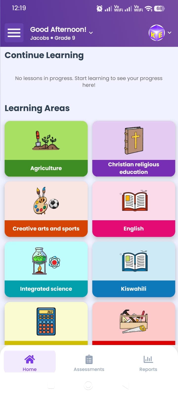 Klickit Education learner home screen